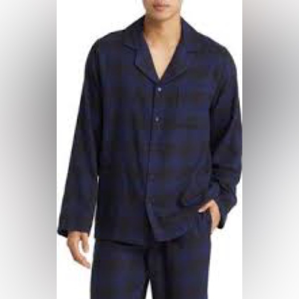 New Nordstrom Pajama Plaid Flannel Button Down Shirt Navy Medium